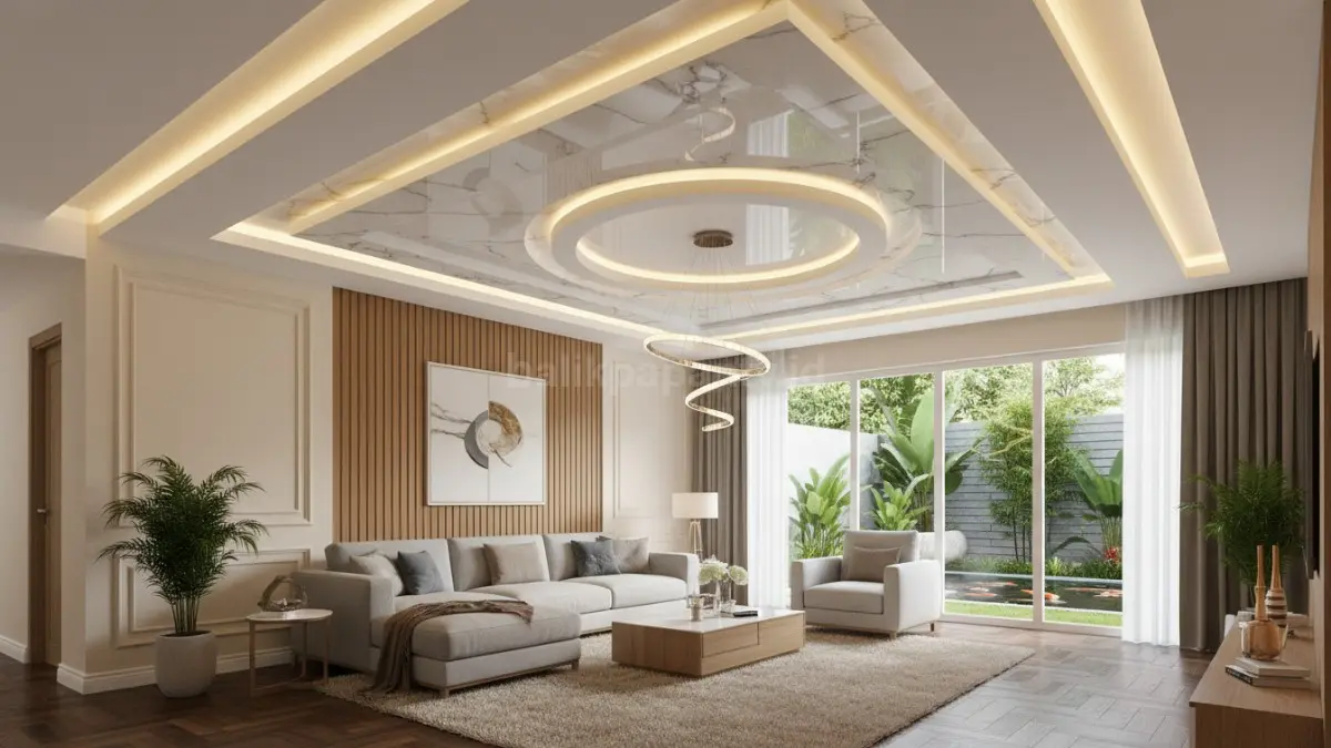 Plafon PVC minimalis dengan pencahayaan LED yang menciptakan kesan mewah. (BTV/Ai)