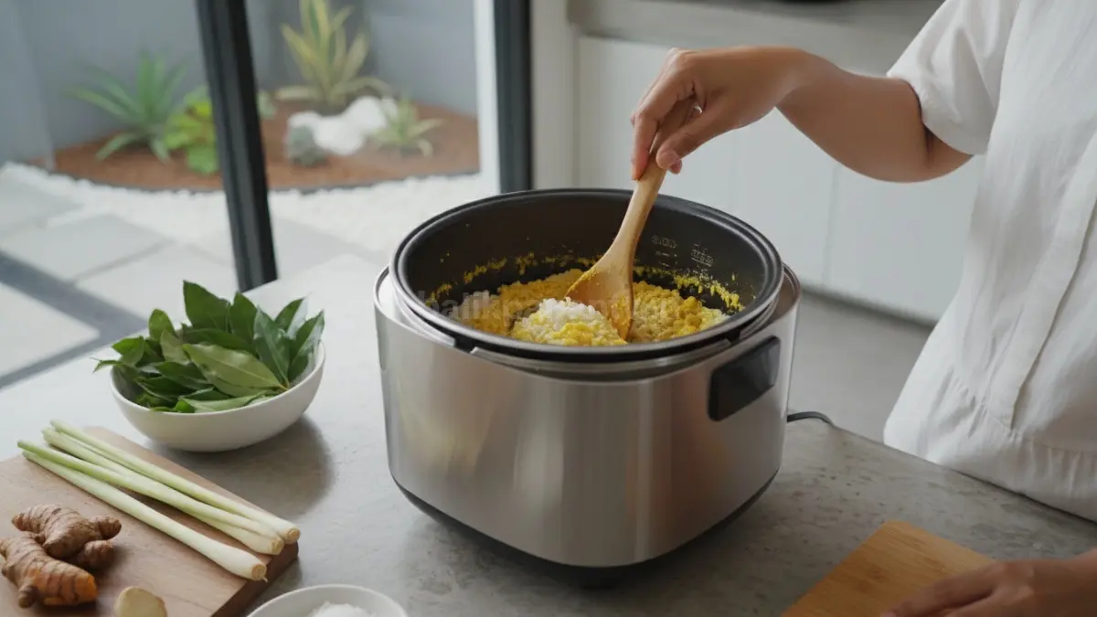 Proses mencampur bahan nasi kuning dalam rice cooker
