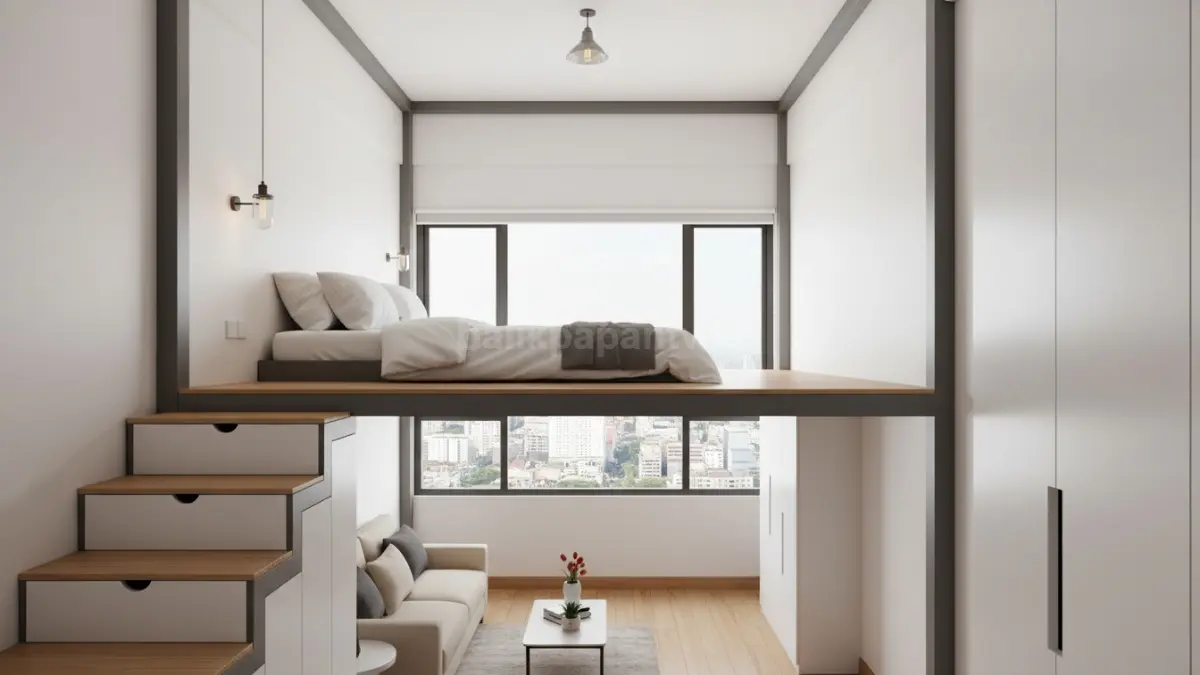 kamar dengan konsep mezzanine baja ringan yang menampilkan tempat tidur di bagian atas sebagai area istirahat utama. Struktur rangka terlihat menyatu dengan desain interior minimalis yang memaksimalkan ruang terbatas.

Bagian tangga dirancang multifungsi dengan laci penyimpanan terintegrasi pada setiap anak tangga, memberikan fungsi tambahan tanpa memakan ruang lantai. Di sisi dinding, terlihat lemari vertikal yang ramping dan efisien untuk menyimpan barang pribadi agar kamar tetap tertata.

Seluruh elemen ruang dirancang untuk menciptakan efisiensi maksimal pada hunian kecil, mengurangi kebutuhan furnitur tambahan, serta menjaga area bawah tetap lapang dan mudah diakses. Konsep ini menggambarkan pendekatan modern pada rumah minimalis yang mengutamakan fungsi dalam keterbatasan ruang. (BTV/Ai)