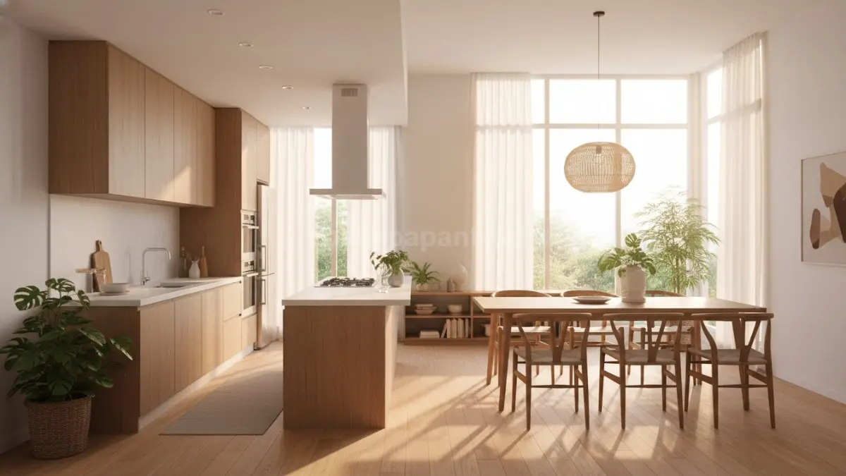 interior rumah tipe 45 modern dengan konsep ruang terbuka yang didominasi pencahayaan alami dari jendela berukuran besar. Area dapur dan ruang makan menyatu tanpa sekat visual yang kuat, menciptakan kesan ruang yang luas, bersih, dan terang sepanjang hari. Cahaya matahari masuk maksimal dan menyebar ke seluruh area, memperkuat suasana hangat serta nyaman untuk aktivitas keluarga. Tata ruang sederhana namun fungsional ini menggambarkan hunian modern yang mengutamakan efisiensi, keterbukaan, dan kenyamanan visual dalam kehidupan sehari-hari. (BTV/Ai)