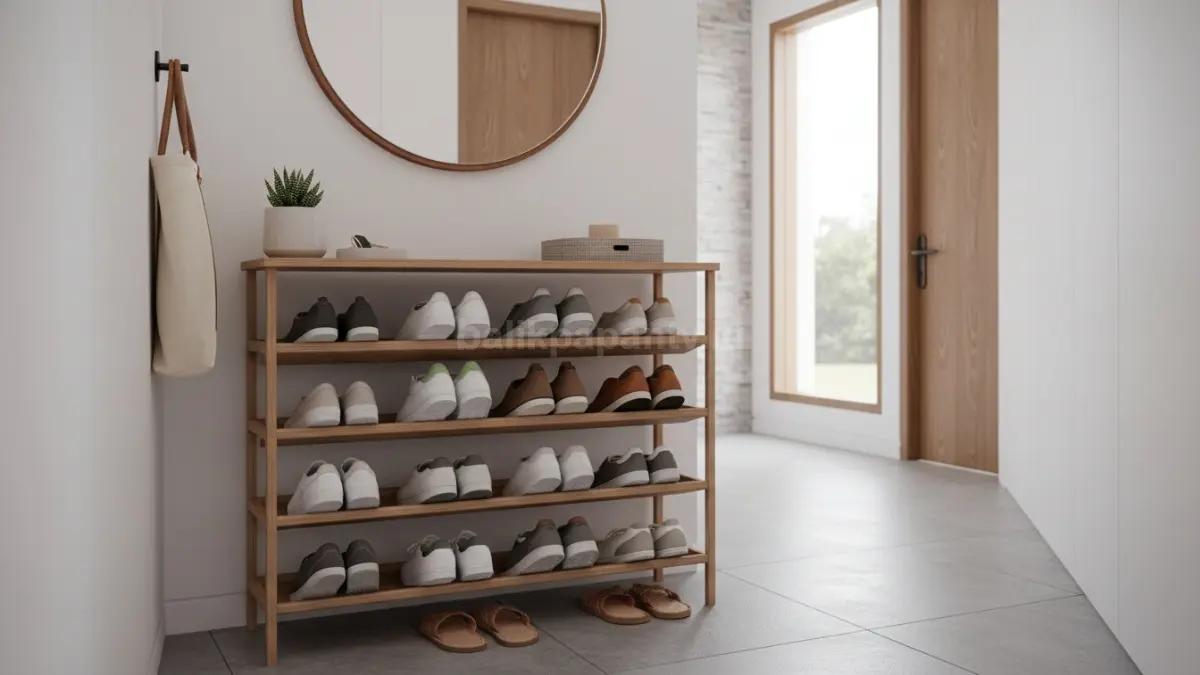 Rak sepatu minimalis dengan desain ramping dan elegan di ruang tamu modern. (BTV/Ai)