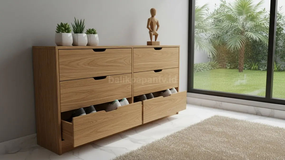 Rak Sepatu Model Laci untuk Rumah dengan Interior Elegan. (BTV/Ai)