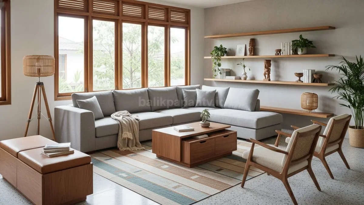 Ruang tamu modern dengan furniture minimalis multifungsi  (BTV/Ai)
