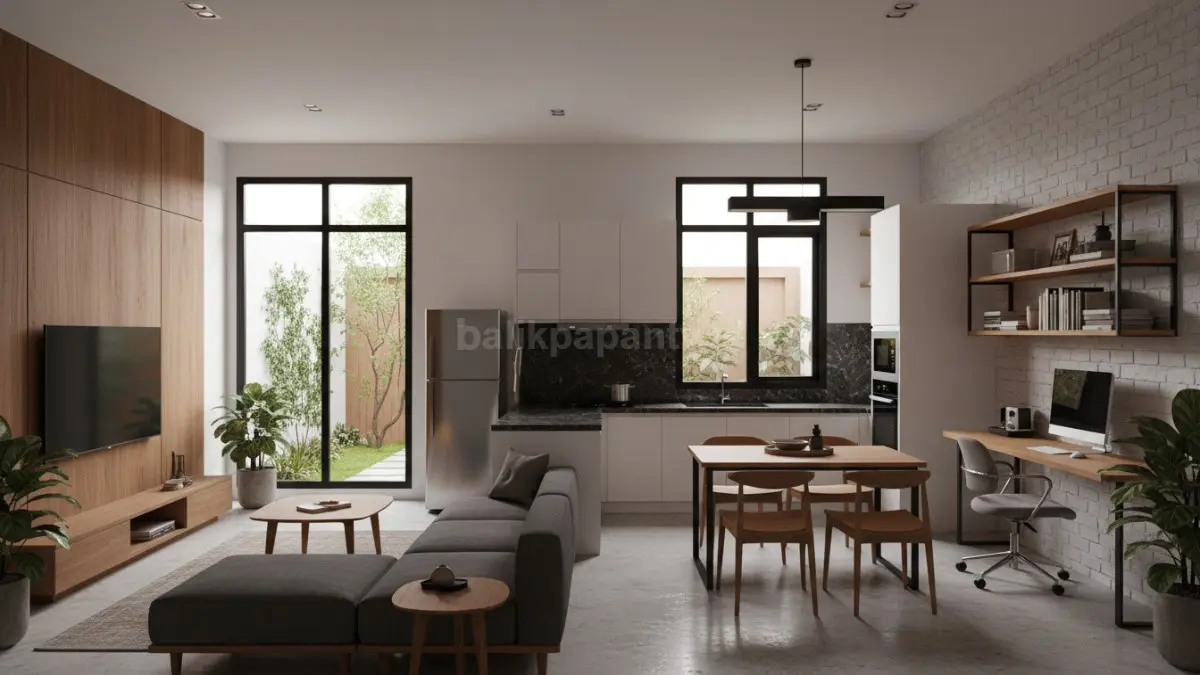 Ruang tamu + ruang keluarga + dapur + ruang kerja (4 x 7 meter)