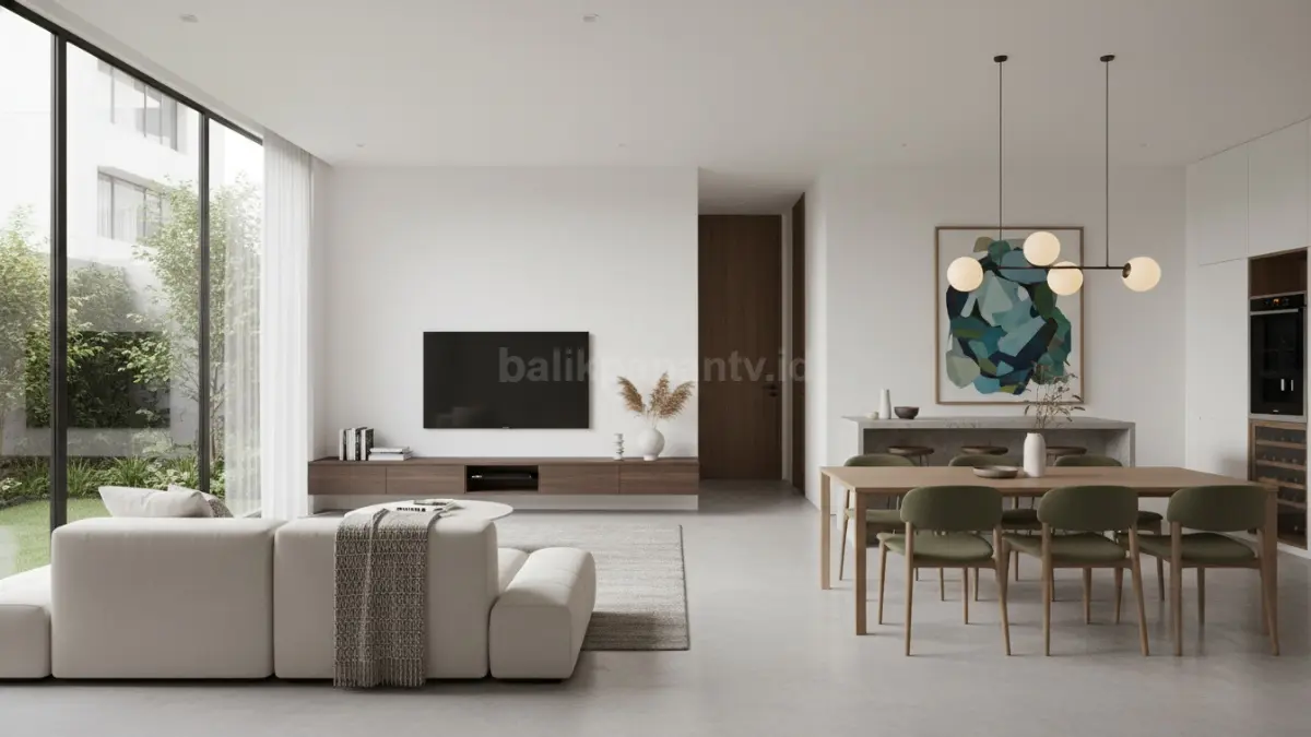 Ruang TV dan ruang makan minimalis menyatu dengan desain modern, terlihat lega dan rapi
