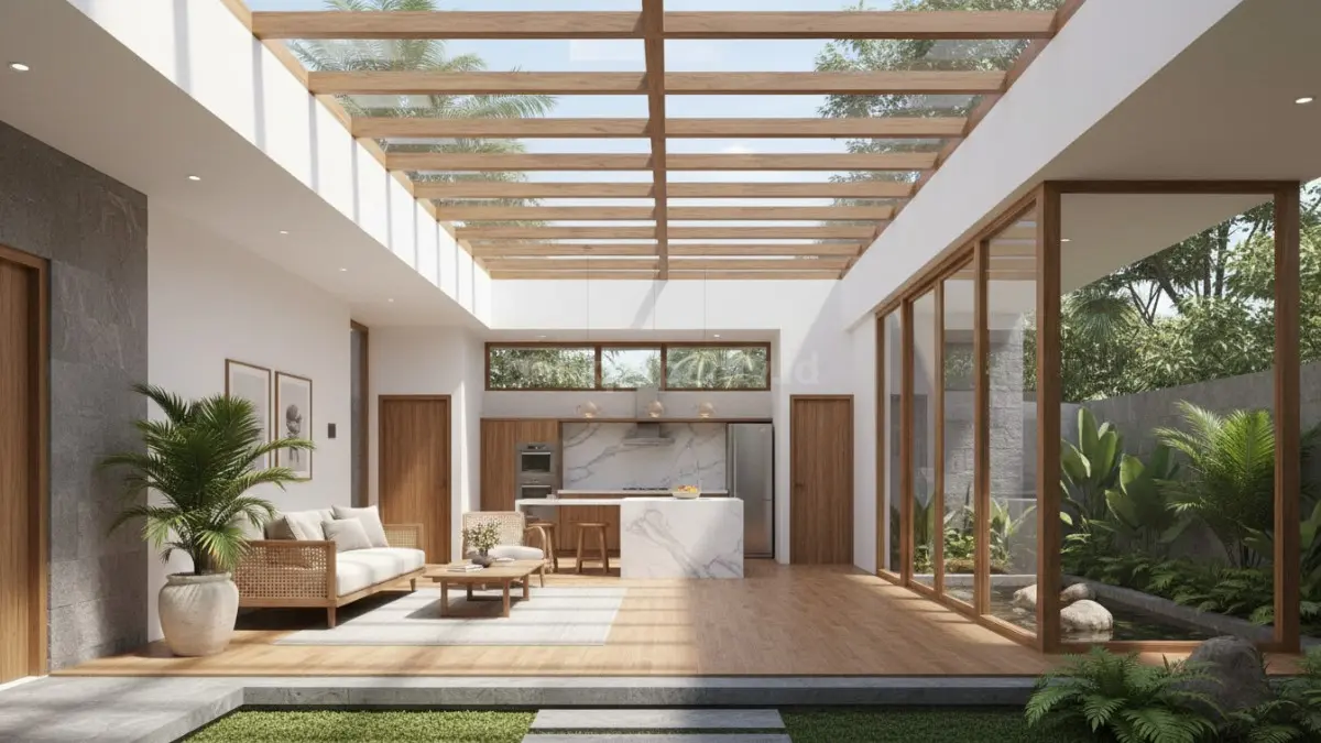 Rumah 1 lantai modern dengan konsep skylight alami di atap, cahaya matahari masuk ke ruang tengah, suasana interior terang, hemat energi, desain minimalis tropis yang nyaman dan fungsional. (BTV/Ai)