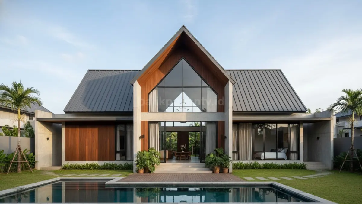 Rumah minimalis dengan atap tinggi yang memberikan kesan luas dan sirkulasi udara optimal
