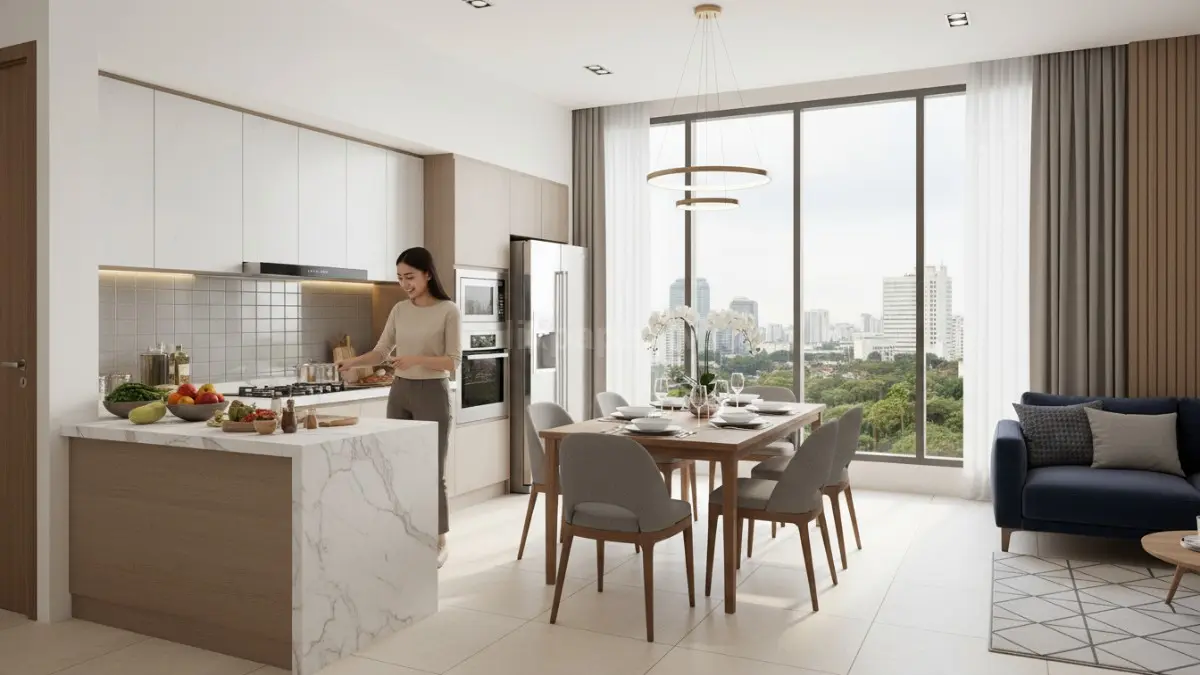 interior rumah tipe 45 modern yang menampilkan konsep dapur dan ruang makan menyatu tanpa sekat permanen. Area dapur terlihat menyatu langsung dengan meja makan keluarga, menciptakan ruang yang lebih fleksibel dan efisien dalam satu area terbuka. Desain memperlihatkan aktivitas memasak dan makan yang berlangsung berdampingan, dengan pencahayaan alami dari jendela besar yang membuat ruang terasa lebih luas. Nuansa hunian menggambarkan gaya hidup modern di kota-kota Indonesia, termasuk Kalimantan Timur, di mana rumah tipe 45 menjadi lebih adaptif, fungsional, dan nyaman untuk aktivitas keluarga sehari-hari. (BTV/Ai)