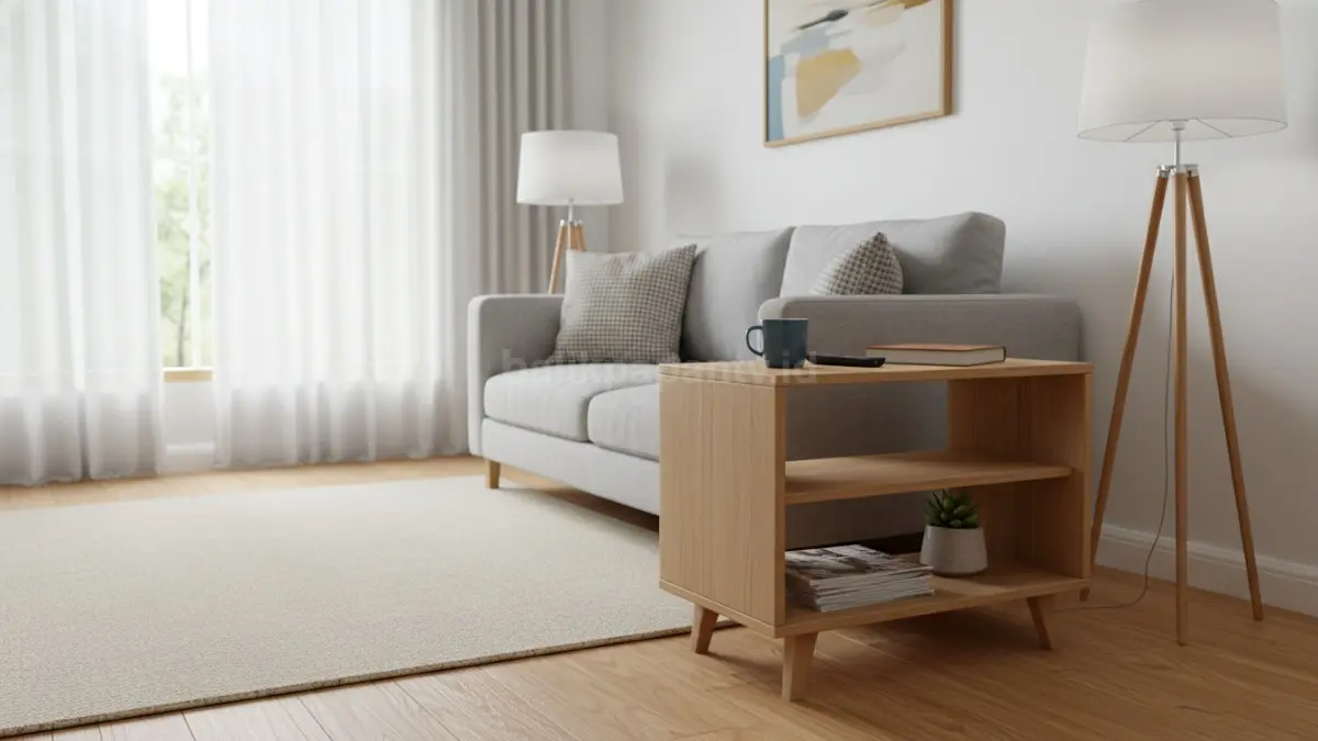 Side table minimalis dengan rak terbuka, menambah fungsi dan estetika ruang tamu. (BTV/Ai)