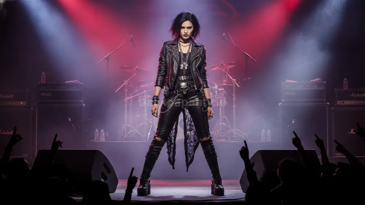 Tampilan fashion rock dengan dominasi warna gelap dan tekstur tegas
