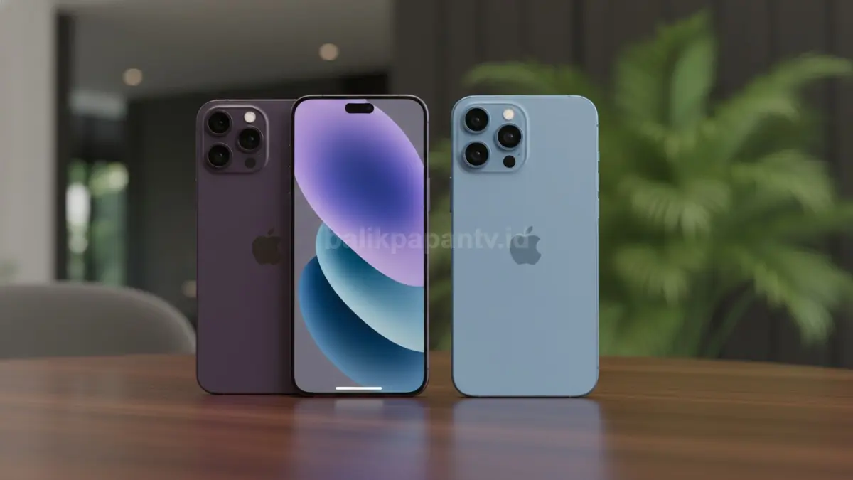 Tampilan iPhone 14 dan iPhone 15 berdampingan dengan label harga terbaru (BTV/Ai)