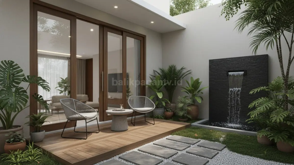 Tampilan pintu belakang rumah minimalis dengan taman kecil yang sejuk dan modern
