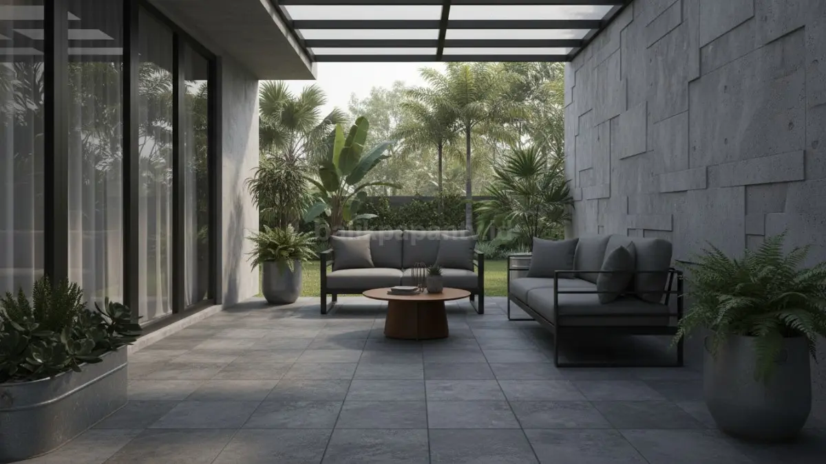 Teras Bergaya Industrial dengan Keramik Kasar. (BTV/Ai)