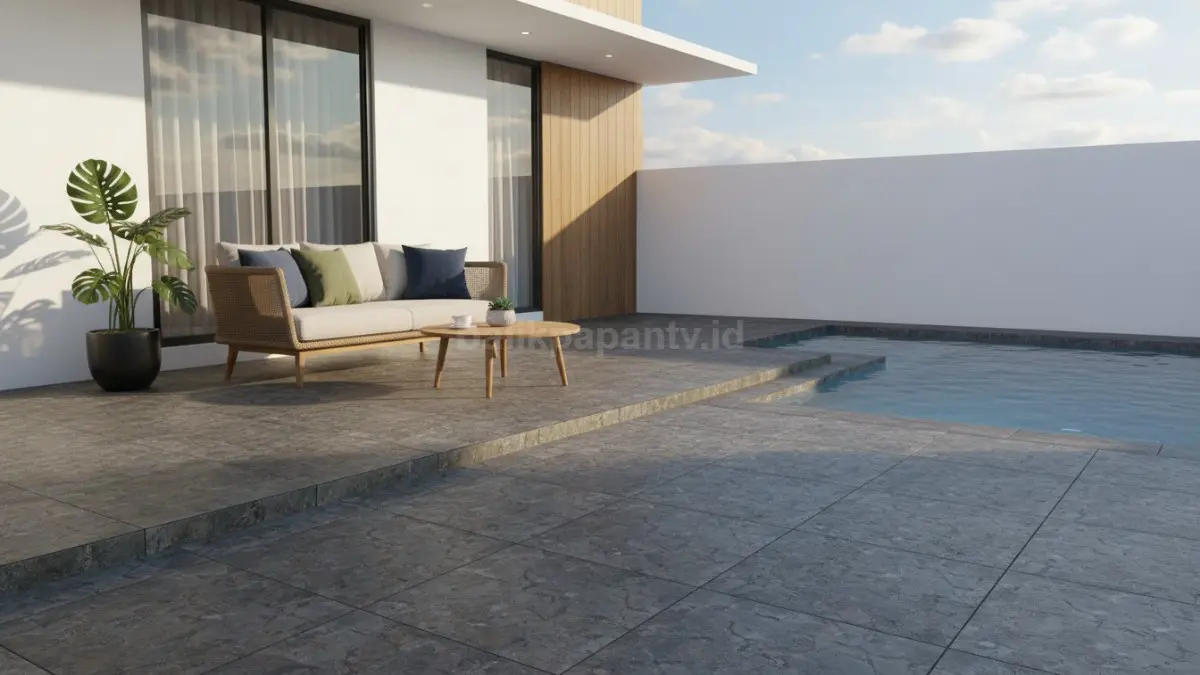 Teras rumah dengan kombinasi keramik kasar dan furnitur kayu, menciptakan suasana alami yang hangat. (BTV/Ai)