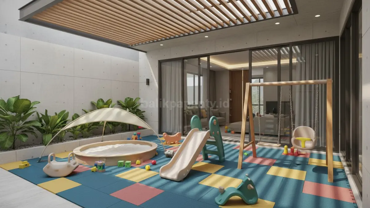 Teras rumah minimalis yang disulap jadi taman bermain anak dengan lantai karet
