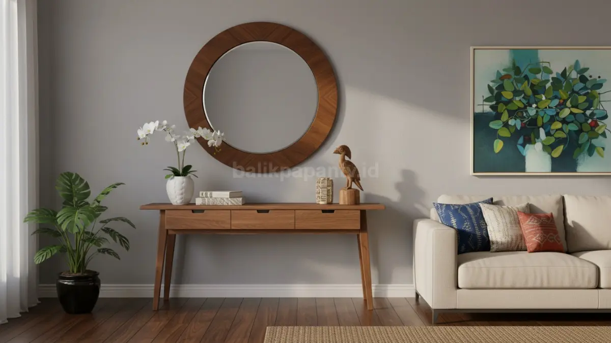 Cermin bulat yang dipasang di ruang tamu di atas sofa atau meja konsol menghadirkan kesan lembut dan seimbang pada interior. Bentuk lingkarannya membantu meredam dominasi garis lurus pada furnitur, sehingga ruang tamu terasa lebih hangat, harmonis, dan nyaman dipandang.  (BTV/Ai)
