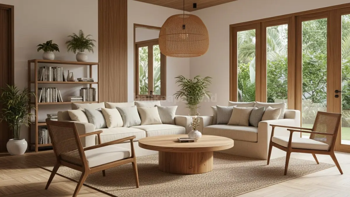 Furniture berbahan natural modern seperti kayu dan rotan ditampilkan dalam interior rumah bergaya kontemporer, menghadirkan tekstur alami yang memberi kesan hangat, lembut, dan tidak kaku pada ruang. Kombinasi material ini dipadukan dengan warna netral sehingga mudah menyatu dengan berbagai elemen dekorasi lain, menciptakan suasana hunian yang harmonis, modern, dan nyaman untuk aktivitas sehari-hari.  (BTV/Ai)
