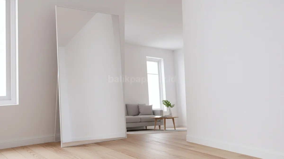 Cermin full body minimalis ditempatkan di sudut kamar modern dengan desain tanpa ornamen, menciptakan kesan ruang yang lebih luas, bersih, dan ringan secara visual. Penempatan yang strategis membantu menjaga sirkulasi ruangan tetap nyaman sekaligus mendukung konsep hunian minimalis yang fungsional.  (BTV/Ai)
