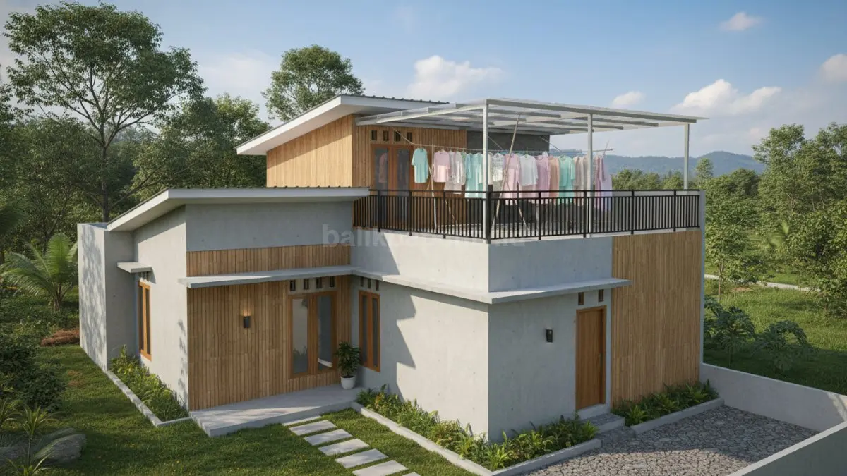 rumah 1 lantai di desa dengan dak jemuran semi tertutup yang dilengkapi kanopi ringan berbahan transparan. Area atas tetap menerima cahaya matahari optimal untuk proses penjemuran, namun sebagian ruang terlindungi dari hujan mendadak. Terlihat pakaian yang dijemur tertata rapi di area dak, dengan struktur pagar pengaman sederhana di sekelilingnya. Desain ini menunjukkan perpaduan fungsi dan perlindungan cuaca, cocok untuk wilayah dengan curah hujan tinggi di Indonesia, sekaligus menghadirkan solusi ruang atap yang efisien dan aman untuk aktivitas rumah tangga harian. (BTV/Ai)