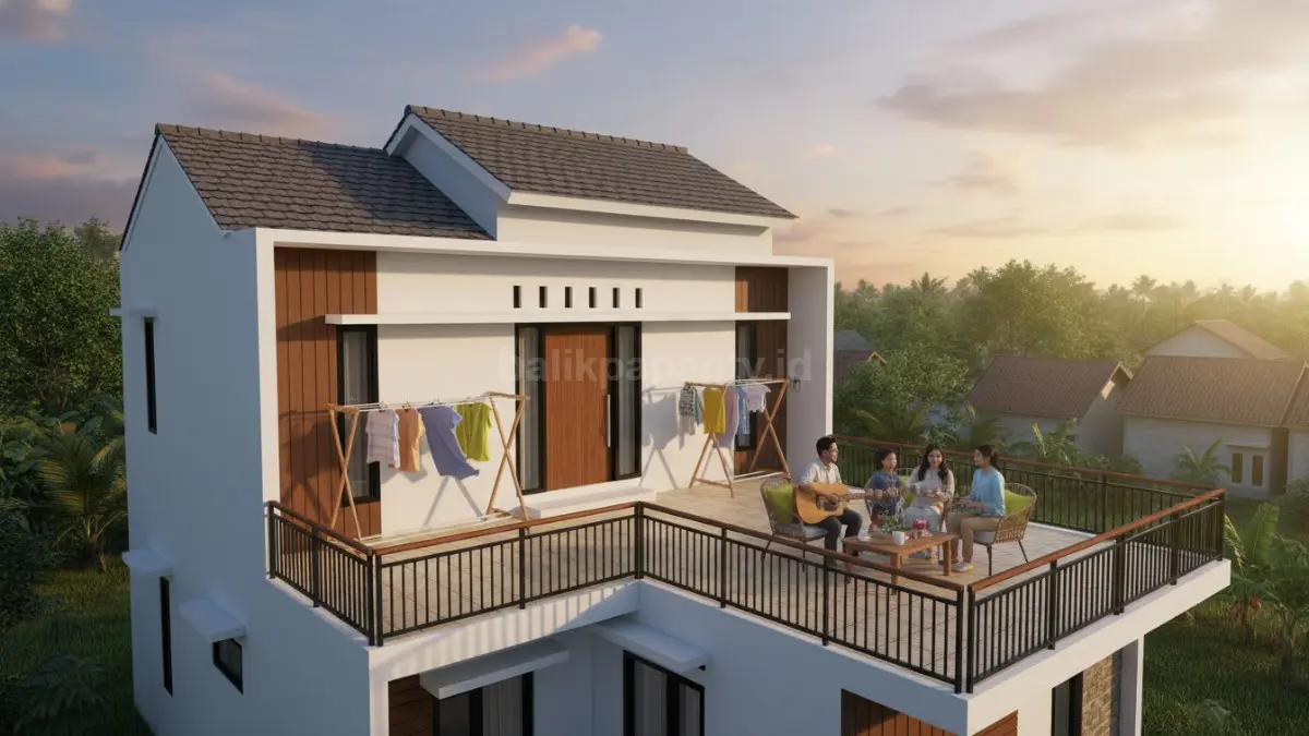 rumah 1 lantai di desa dengan dak jemuran multifungsi yang dirancang sebagai area jemuran sekaligus ruang santai keluarga. Bagian atap dilapisi lantai keramik anti panas yang nyaman digunakan di siang maupun sore hari. Di sekelilingnya terdapat pagar pengaman sederhana yang menjaga keamanan aktivitas di area atas. Terlihat keluarga sedang berkumpul santai di dak sambil menikmati suasana sore, sementara sebagian area digunakan untuk menjemur pakaian. Desain ini menggambarkan pemanfaatan ruang atap yang efisien, fungsional, dan mendukung interaksi keluarga di lingkungan hunian desa modern Indonesia. (BTV/Ai)