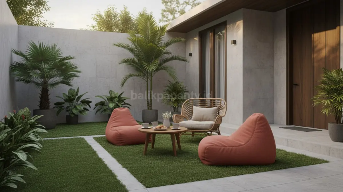 Zona santai outdoor dengan furnitur ringan
