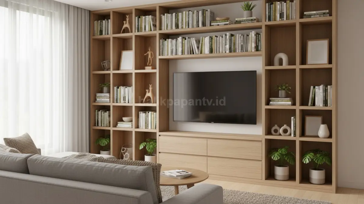 Ruang interior modern dengan penyimpanan multifungsi berbentuk rak modular yang menyatu dengan dekorasi ruangan. Rak vertikal tertata rapi berisi buku, tanaman kecil, dan elemen dekoratif minimalis yang tersusun seimbang antara fungsi dan estetika. Konsep ini menggambarkan pemanfaatan ruang kecil secara optimal melalui sistem penyimpanan yang efisien, sehingga ruangan tetap terasa lega, terorganisir, dan mendukung aktivitas harian tanpa perlu tambahan furnitur berukuran besar.