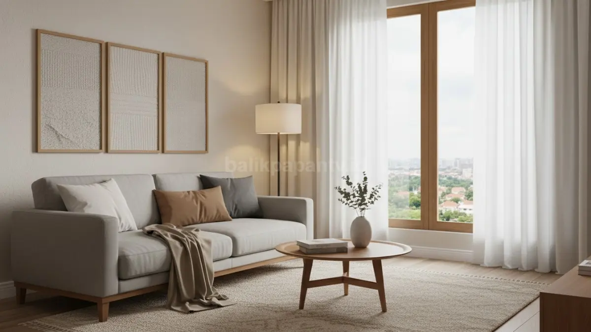 Ruang interior modern dengan elemen tekstil dekoratif yang membangun karakter ruang, menampilkan karpet bertekstur lembut, gorden berbahan linen, serta cushion warna netral yang tersusun di sofa minimalis. Suasana ruang terlihat hangat dan nyaman dengan sentuhan material alami seperti katun dan linen yang menyatu dengan desain modern 2026. Elemen tekstil ini memberikan efek visual lembut sekaligus membantu meredam suara ringan, menciptakan atmosfer ruang yang lebih seimbang, nyaman, dan mendukung aktivitas harian di dalam rumah.  (BTV/Ai)

