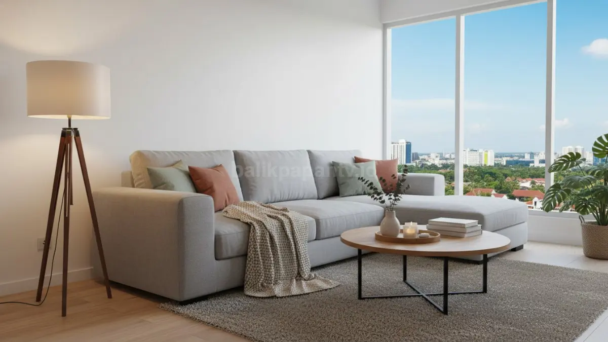 Ruang tamu minimalis modern di Balikpapan dengan sofa sederhana yang dipadukan throw blanket bertekstur lembut dan lampu lantai cahaya hangat, menampilkan bagaimana aksesoris kecil mampu mengubah suasana jadi estetik, nyaman, dan terlihat lebih berkelas tanpa perlu renovasi besar (BTV/Ai)