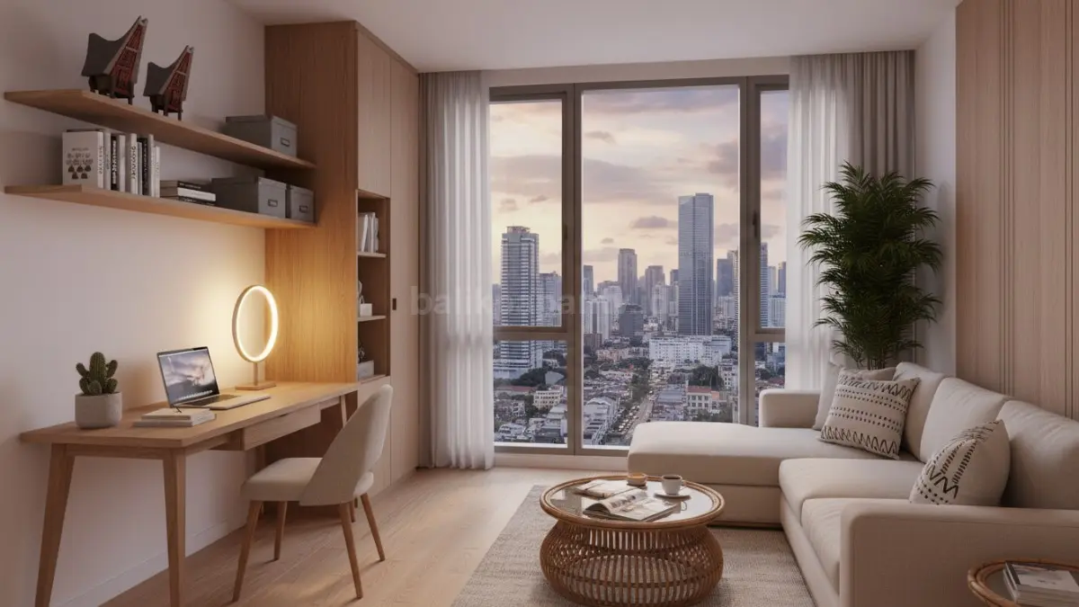 Ruang hunian modern dengan konsep dekorasi fungsional yang tertata rapi, menampilkan area kerja dan relaksasi dalam satu ruang apartemen urban. Meja kerja dengan pencahayaan hangat, rak penyimpanan minimalis, serta tanaman kecil ditempatkan sebagai elemen pendukung aktivitas harian. Suasana visual menunjukkan keseimbangan antara fungsi dan estetika, menggambarkan bagaimana setiap elemen dekorasi bekerja sebagai bagian dari sistem ruang yang efisien dan terarah di hunian kota besar seperti Jakarta dan Surabaya  (BTV/Ai)
