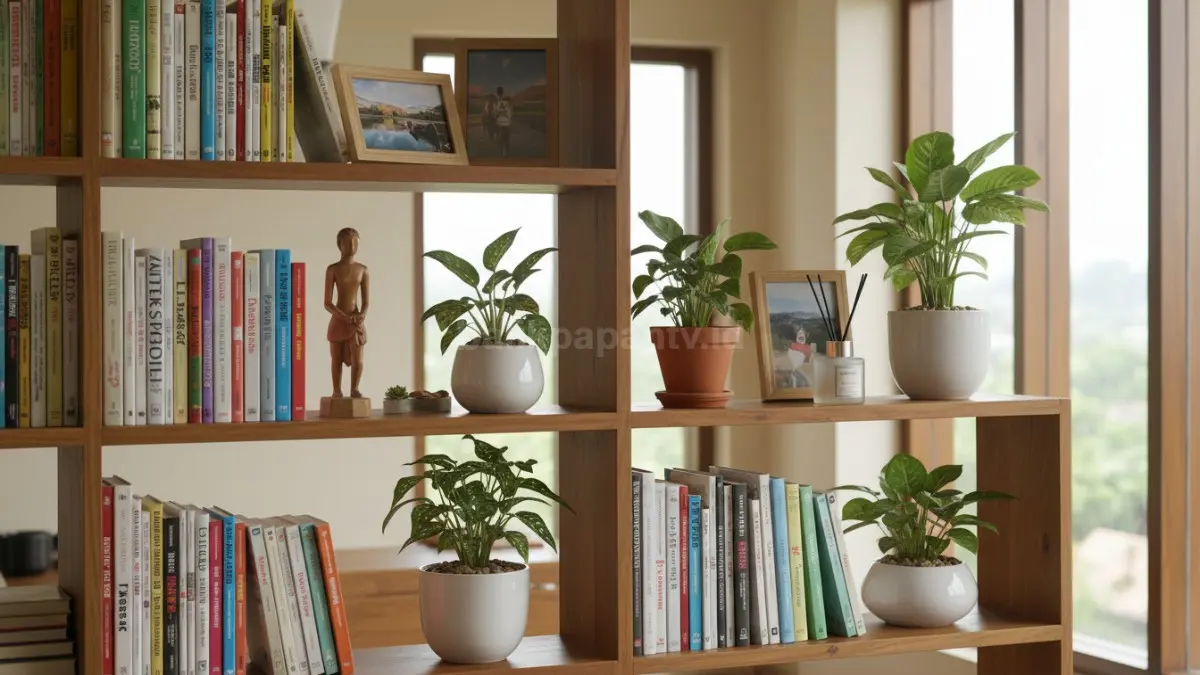 Rak buku dengan kombinasi buku dan dekor natural berupa tanaman kecil dalam pot minimalis, menghadirkan aksen warna hijau segar di antara susunan buku, menciptakan suasana ruang kerja atau ruang santai yang nyaman, seimbang, dan menenangkan secara visual