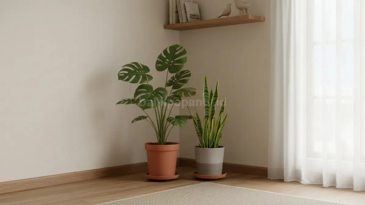 Tanaman indoor seperti monstera dan snake plant ditempatkan di sudut ruang tamu rumah minimalis Balikpapan, memperlihatkan suasana segar dan alami sekaligus membantu menyaring udara dan menjaga kelembaban ruangan dengan pencahayaan tidak langsung yang lembut (BTV/Ai)
