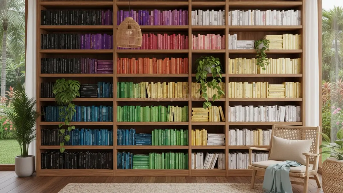 Rak buku dengan susunan berdasarkan gradasi warna sampul, dari gelap ke terang, menciptakan tampilan visual yang rapi, estetik, dan terorganisir ala konsep Instagramable, tetap mempertahankan fungsi agar buku mudah ditemukan dan digunakan sehari-hari