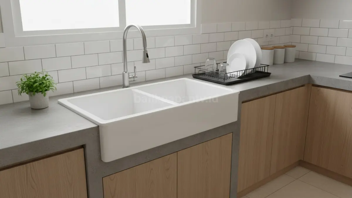 Area cuci piring keramik modern dengan desain bersih dan minimalis. 9BTV/Ai)