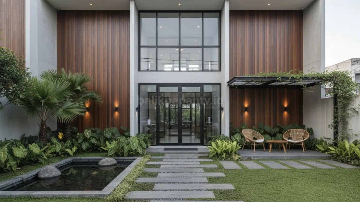 Area pintu masuk bisnis dengan landscape modern dan tanaman hijau. (BTV/Ai)