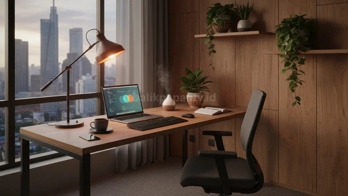 Ruang kerja modern dengan pencahayaan adaptif berbasis fungsi, menampilkan lampu meja berwarna warm white dengan suhu cahaya 3000–4000 Kelvin yang menerangi area kerja digital. Suasana ruangan dirancang untuk kenyamanan visual saat bekerja dengan laptop, memperlihatkan keseimbangan antara fokus dan relaksasi. Konsep ini menggambarkan penggunaan pencahayaan di coworking space modern Indonesia yang mendukung aktivitas kerja intensif tanpa menimbulkan ketegangan mata, sekaligus membentuk ritme aktivitas harian yang lebih teratur dan nyaman.