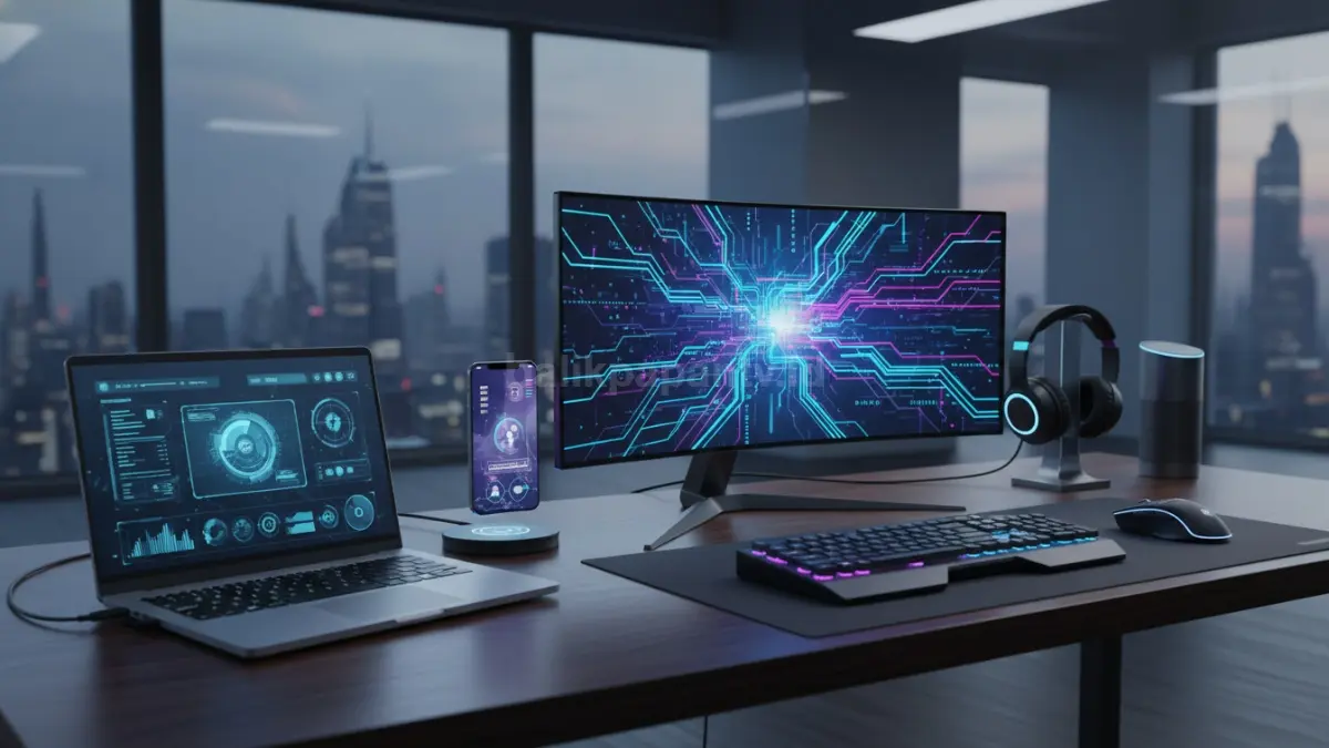 Deretan gadget futuristik modern di meja kerja dengan nuansa teknologi canggih (BTV/Ai)