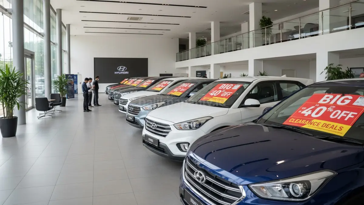 Deretan mobil Hyundai dengan label diskon besar di showroom Simpruk (BTV/Ai)