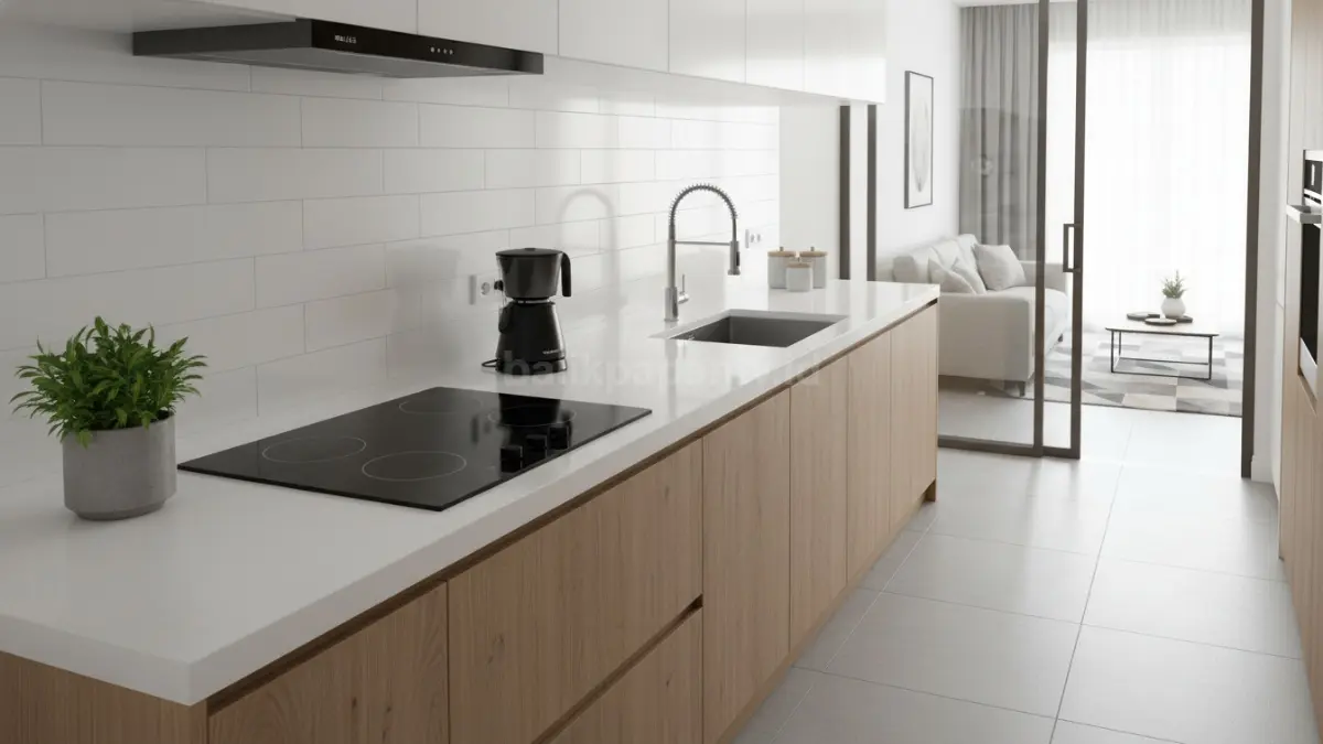 Desain countertop dapur minimalis modern dengan material solid surface bersih (BTV/Ai)