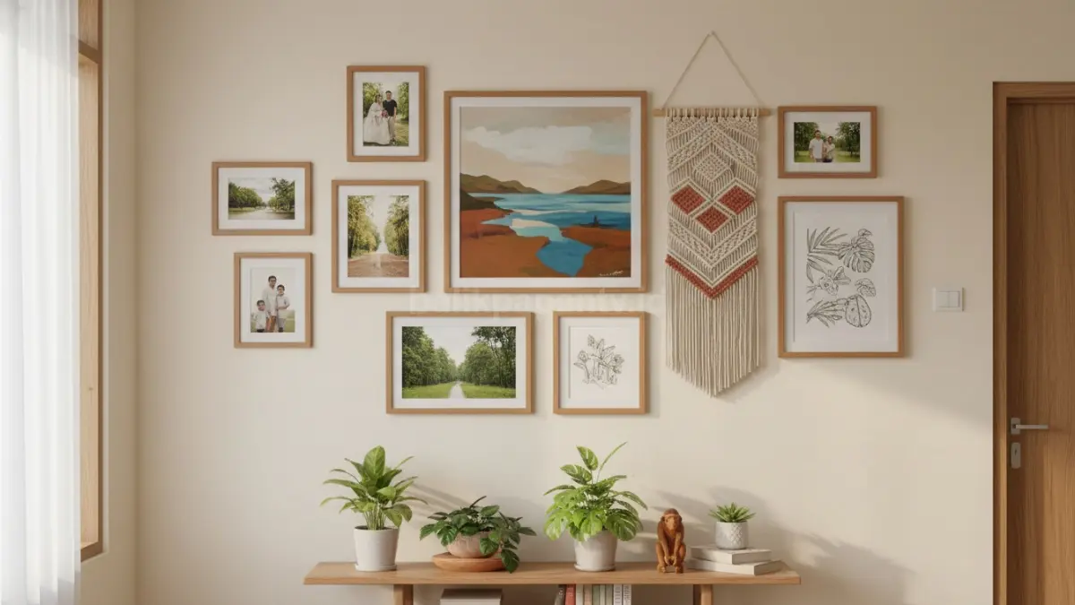 Dinding ruang tamu dihiasi wall art dan frame personal berisi foto serta ilustrasi karya lokal Balikpapan, menciptakan suasana hangat, berkarakter, dan memperlihatkan identitas penghuni melalui sentuhan visual yang estetik (BTV/Ai)