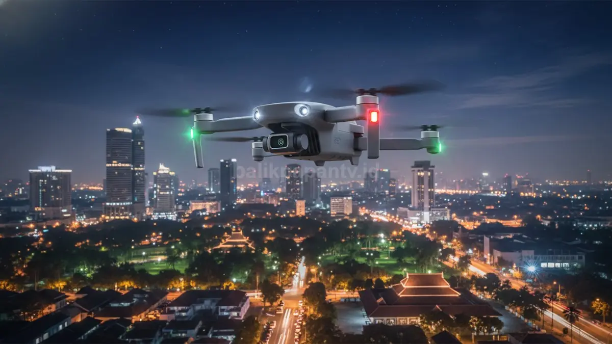 DJI Mini 5 Pro terbang dengan lampu LED aktif saat merekam di malam hari (BTV/Ai)