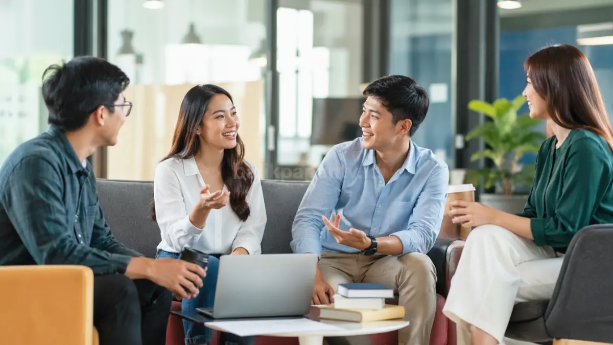 Ilustrasi anak muda berdiskusi santai membangun networking dan peluang karier. (BTV/Ai)