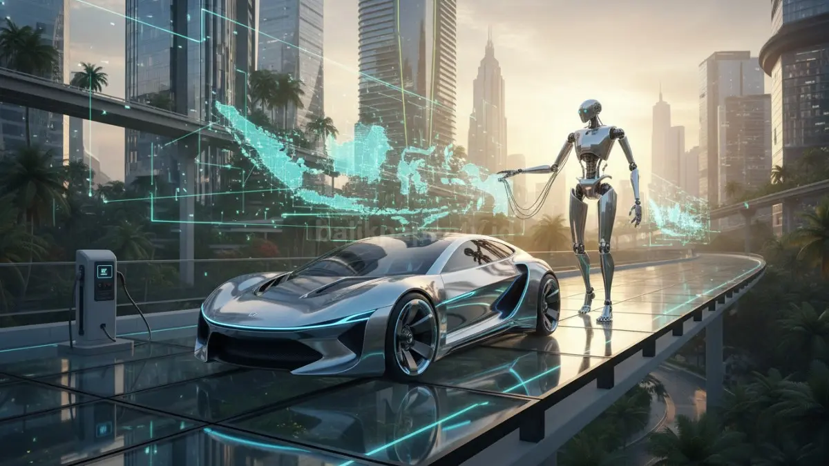 Ilustrasi mobil listrik futuristik berdampingan dengan robot dan jaringan digital modern (BTV/Ai)