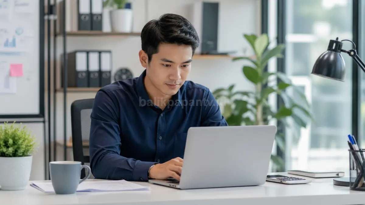 Ilustrasi pekerja fokus di depan laptop dengan suasana kerja rapi dan tenang. (BTV/Ai)