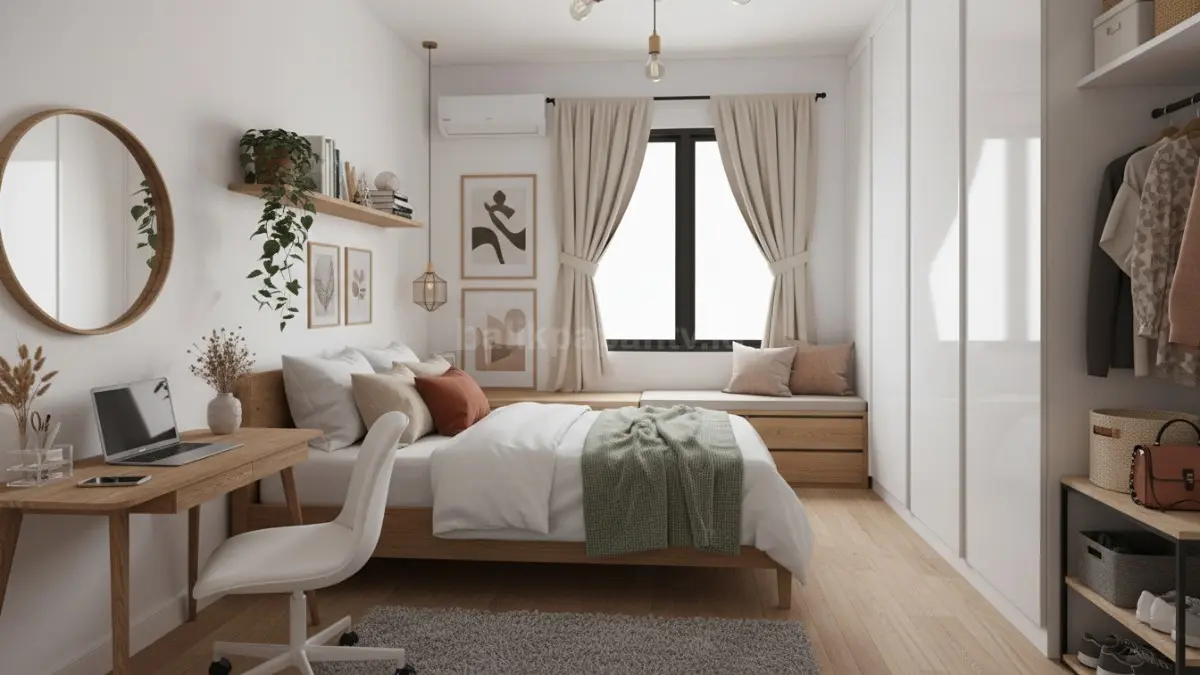 kamar aesthetic perempuan dengan pencahayaan hangat dan dekor minimalis yang rapi. (BTV/Ai)
