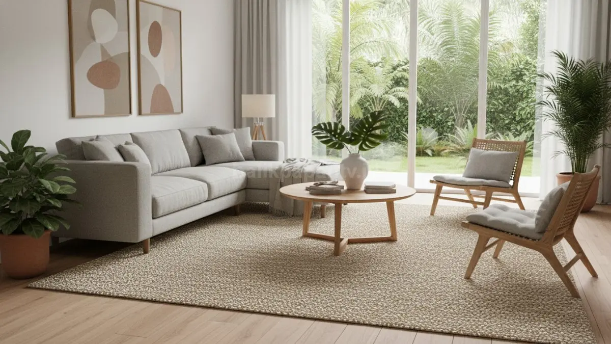Karpet tekstur natural berbahan jute atau katun membentang di area ruang tamu minimalis, menegaskan zona duduk utama sekaligus memberi kesan hangat, meredam suara, dan memperkuat nuansa ramah lingkungan pada interior rumah modern (BTV/Ai)