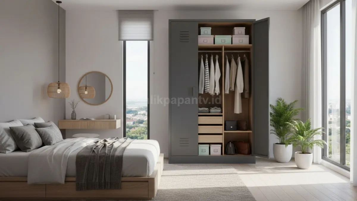 Lemari besi pakaian modern di kamar minimalis, solusi aman dan tahan lama. (BTV/Ai)