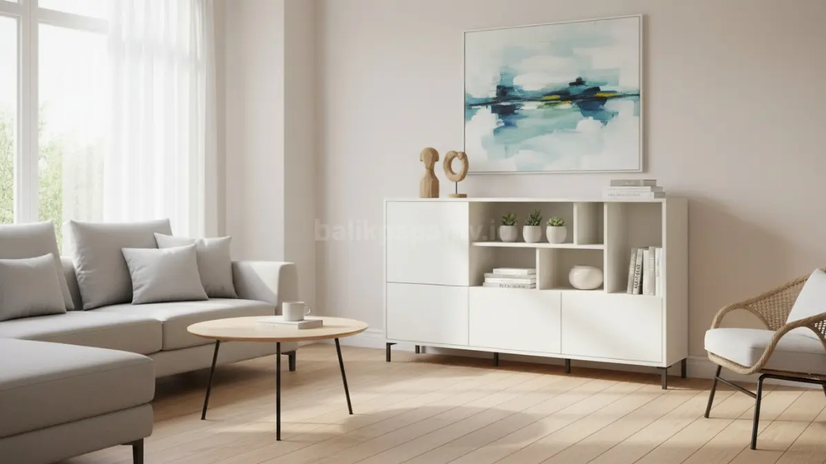 Lemari hias minimalis modern di ruang tamu dengan tampilan rapi dan estetik (BTV/Ai)