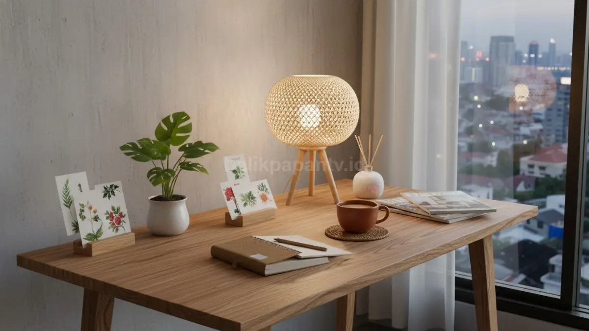 Meja kerja aesthetic minimalis dengan lampu hangat dan tanaman kecil, inspirasi ruang produktif modern
