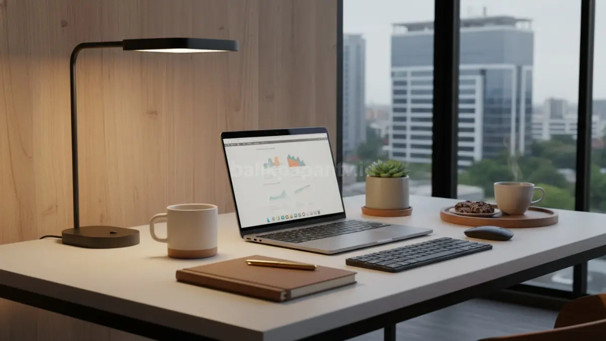 Meja kerja aesthetic rapi dengan pencahayaan hangat, tanaman kecil, dan setup minimalis yang mendukung fokus serta produktivitas kerja di rumah maupun coworking modern