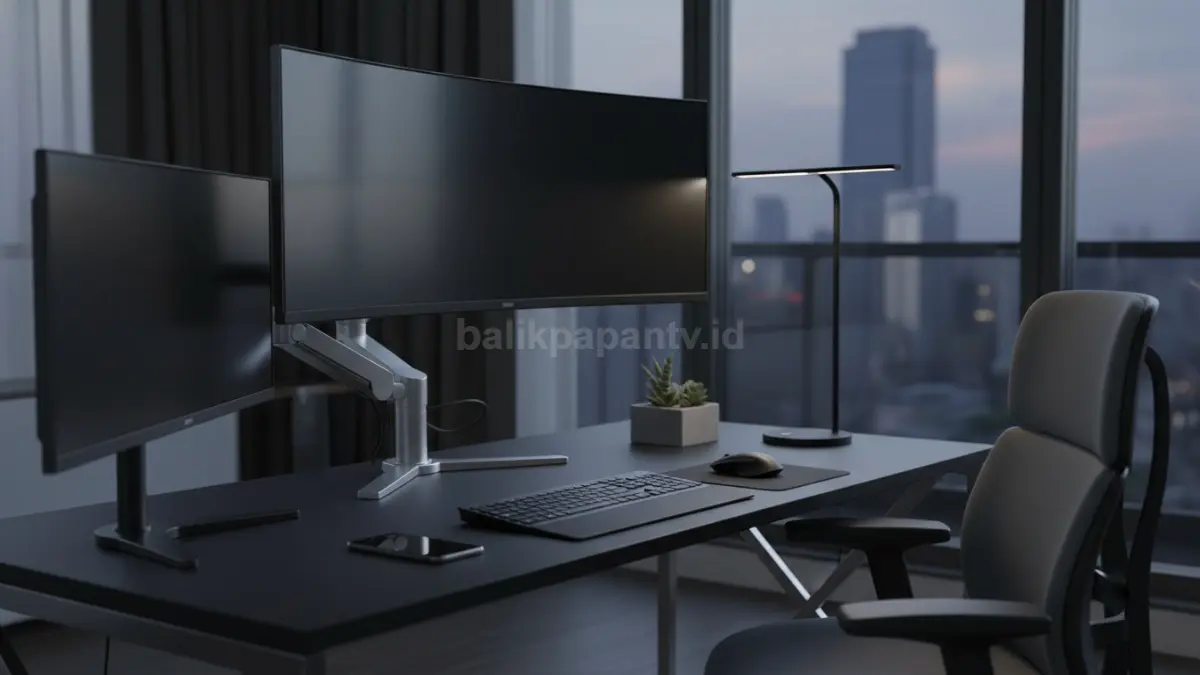 Meja kerja clean tech dengan dominasi warna hitam dan abu modern, perangkat tersusun sejajar rapi, kabel tersembunyi, serta monitor menggunakan stand ergonomis untuk mendukung kenyamanan kerja digital sehari-hari